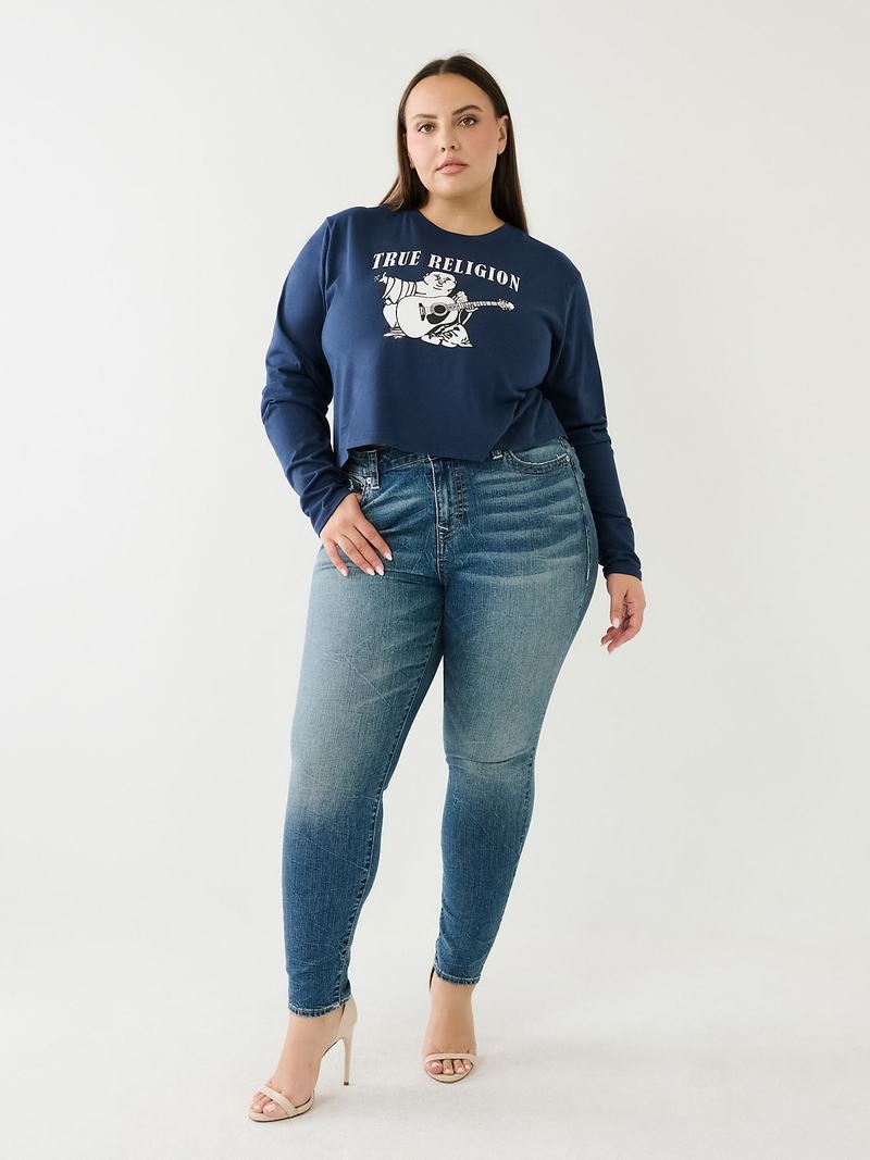 True Religion Long Sleeve Logo Crop T-Shirts Damen Navy Blau | 87236GDZC