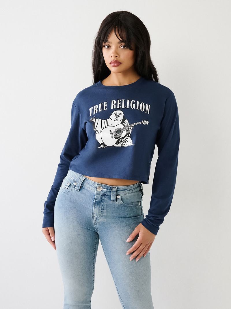 True Religion Long Sleeve Logo Crop T-Shirts Damen Navy Blau | 87236GDZC