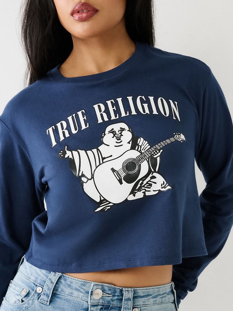 True Religion Long Sleeve Logo Crop T-Shirts Damen Navy Blau | 87236GDZC