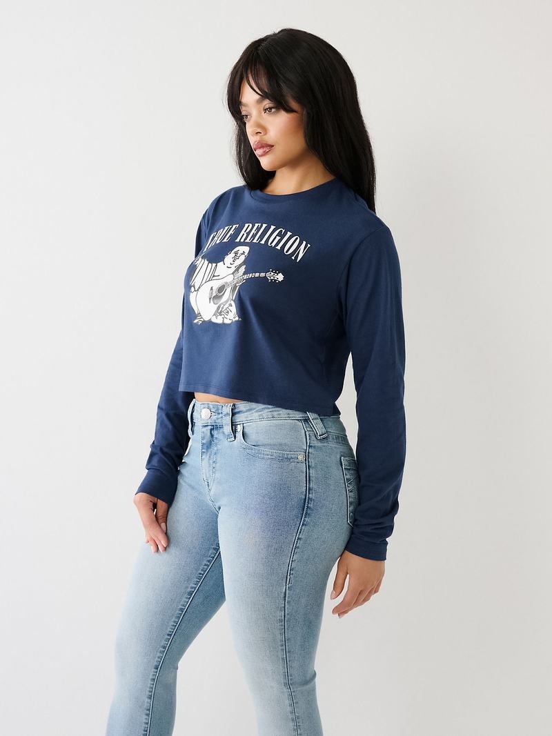 True Religion Long Sleeve Logo Crop T-Shirts Damen Navy Blau | 87236GDZC