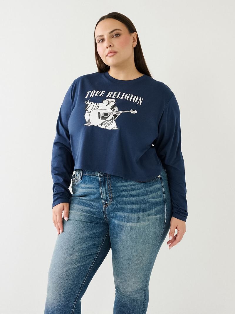 True Religion Long Sleeve Logo Crop T-Shirts Damen Navy Blau | 87236GDZC