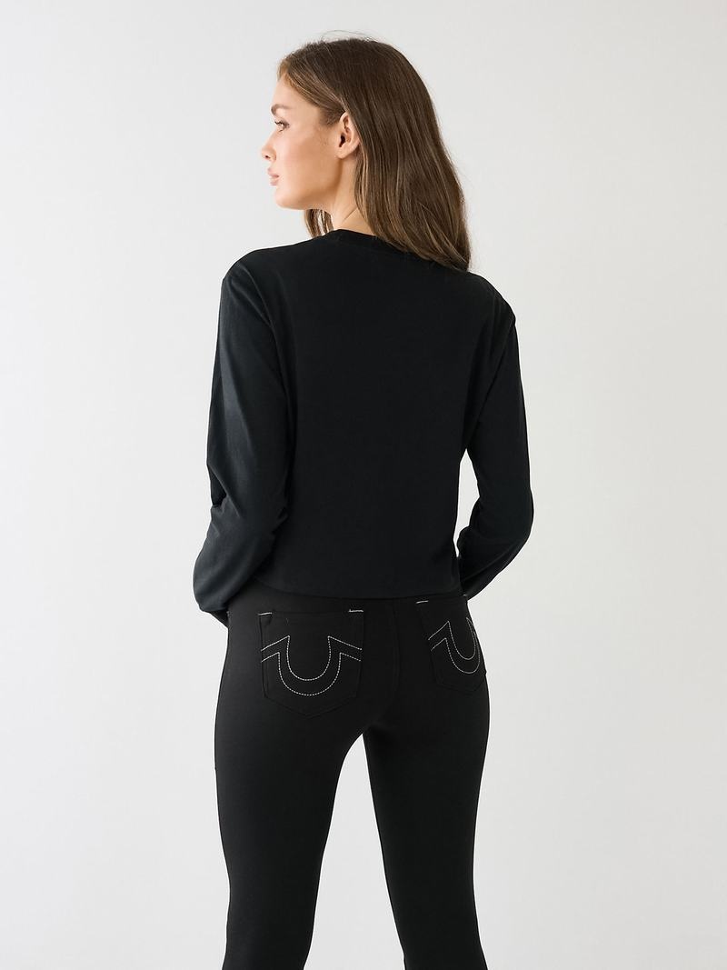 True Religion Long Sleeve Logo Crop T-Shirts Damen Schwarz | 24687PUNW