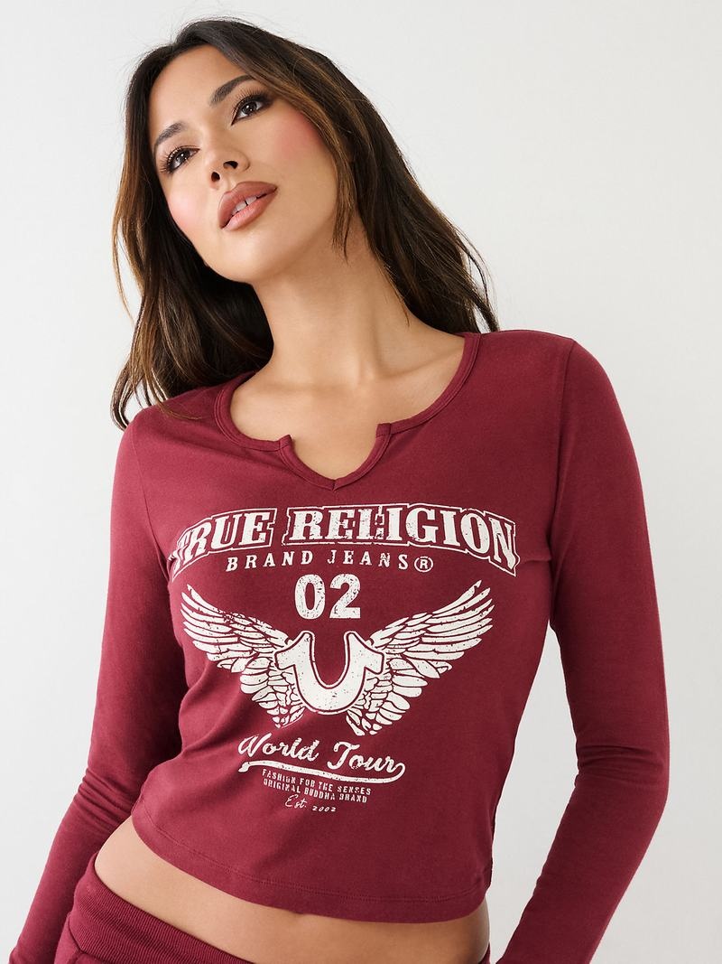 True Religion Long Sleeve Notch Logo T-Shirts Damen Bordeaux | 24607LDOM