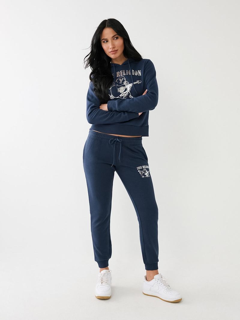 True Religion Metallic Buddha Logo Fleece Jogginghose Damen Navy Blau | 97465QRHJ