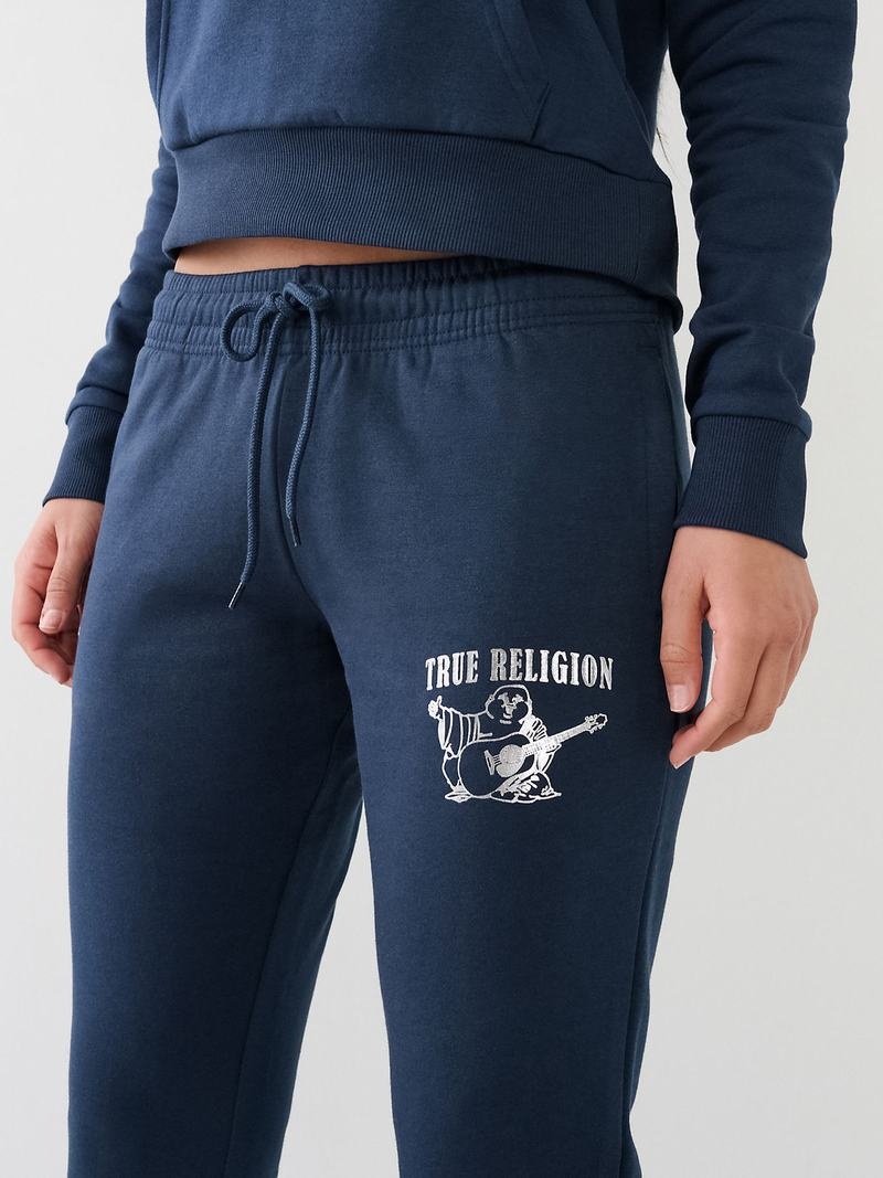 True Religion Metallic Buddha Logo Fleece Jogginghose Damen Navy Blau | 97465QRHJ