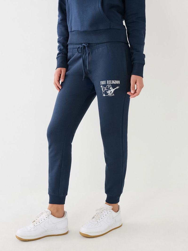 True Religion Metallic Buddha Logo Fleece Jogginghose Damen Navy Blau | 97465QRHJ