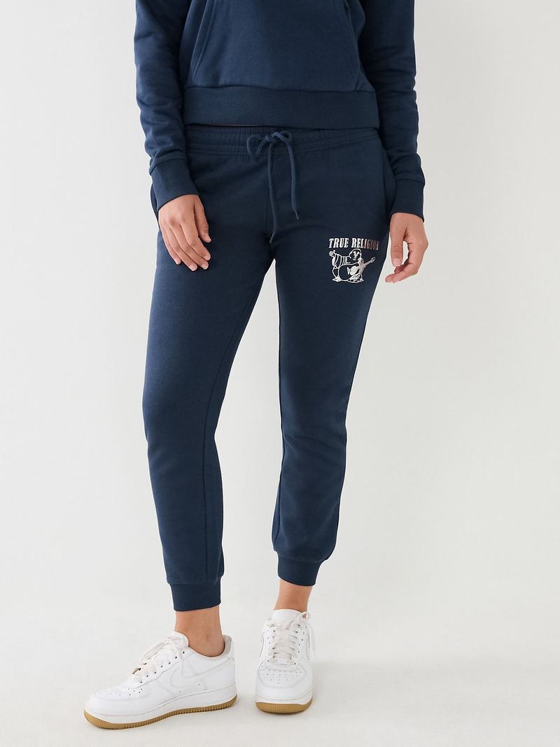 True Religion Metallic Buddha Logo Fleece Jogginghose Damen Navy Blau | 97465QRHJ