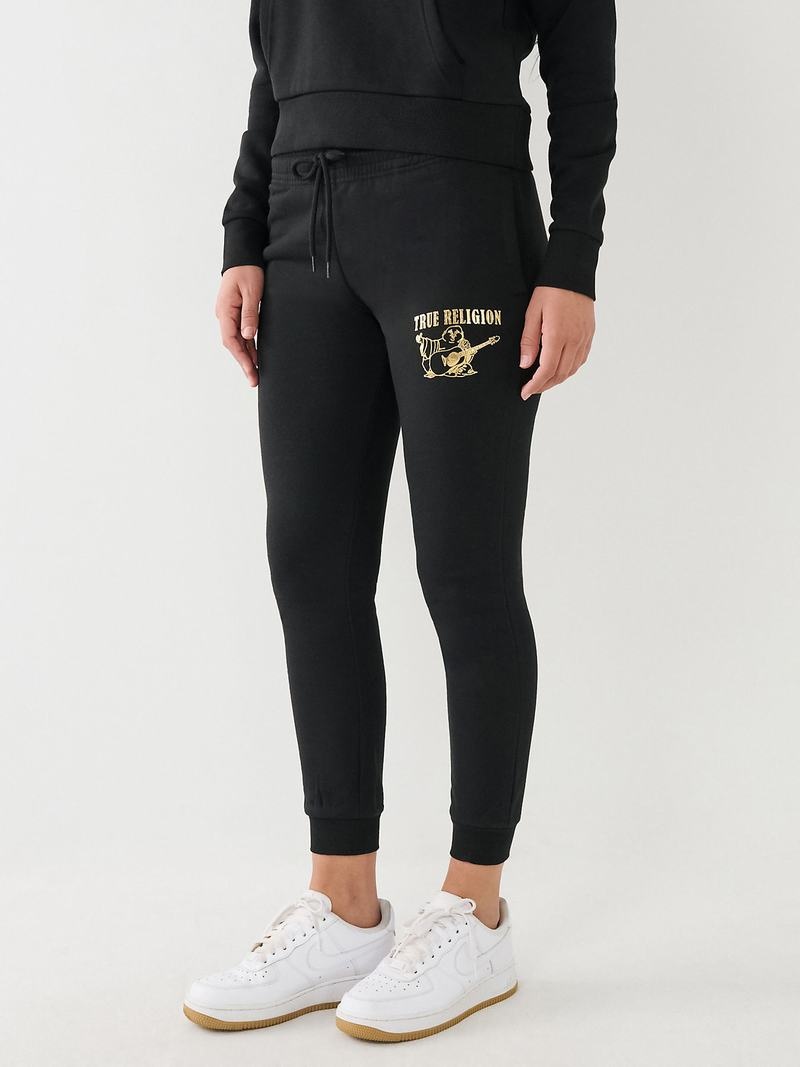 True Religion Metallic Buddha Logo Fleece Jogginghose Damen Schwarz | 56082ZNXT