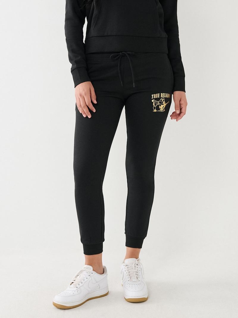 True Religion Metallic Buddha Logo Fleece Jogginghose Damen Schwarz | 56082ZNXT