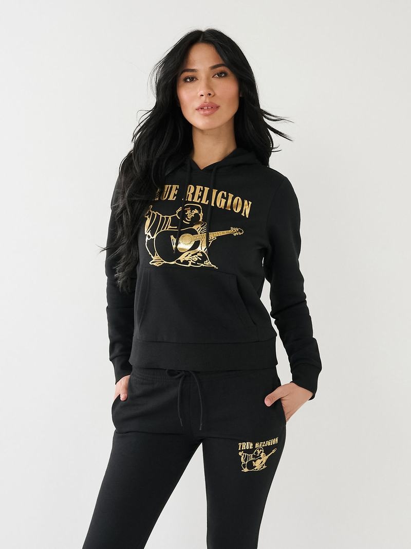 True Religion Metallic Buddha Logo Fleece Hoodie Damen Schwarz | 51309TRPJ