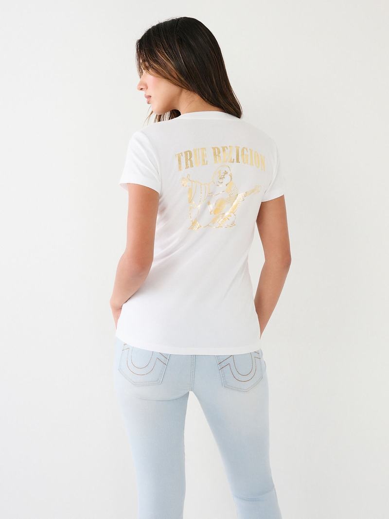 True Religion Metallic Buddha Logo V Neck T-Shirts Damen Weiß | 08967HPLS