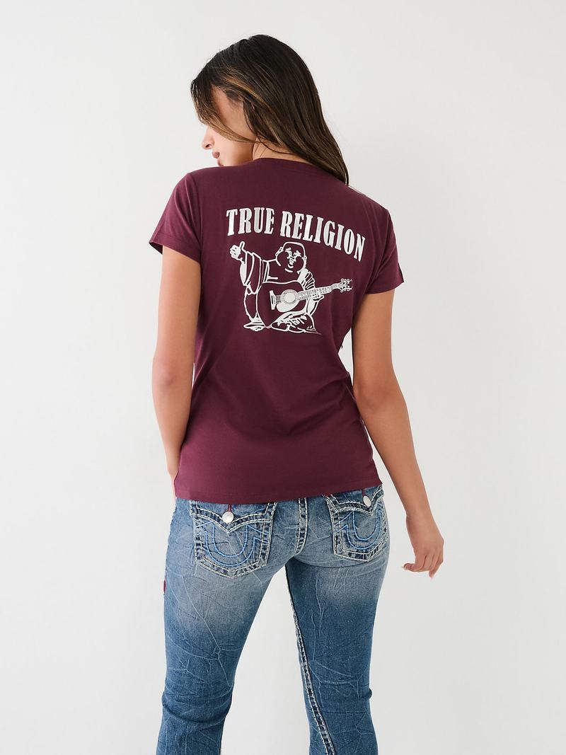 True Religion Metallic Buddha Logo V Neck T-Shirts Damen Lila | 19675EYGN