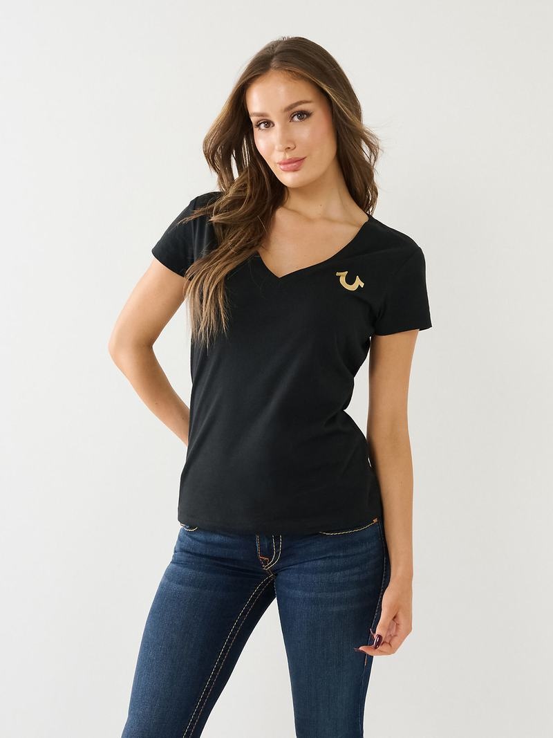 True Religion Metallic Buddha Logo V Neck T-Shirts Damen Schwarz | 85379AEZT