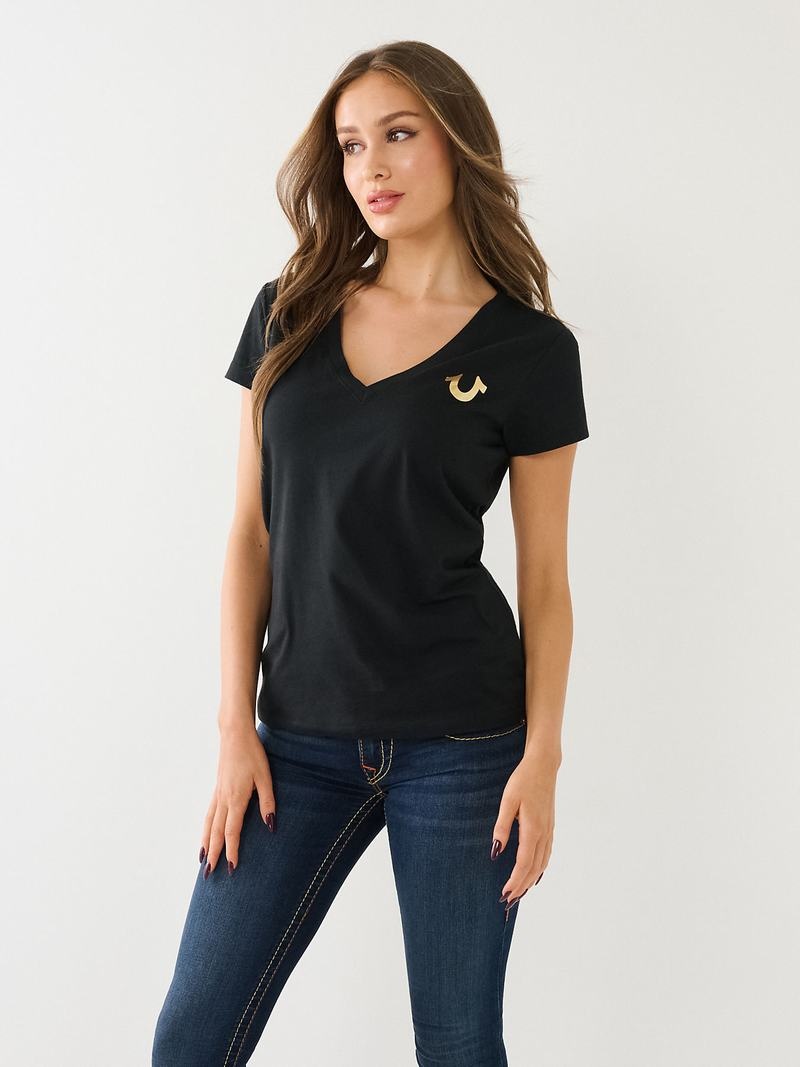 True Religion Metallic Buddha Logo V Neck T-Shirts Damen Schwarz | 85379AEZT