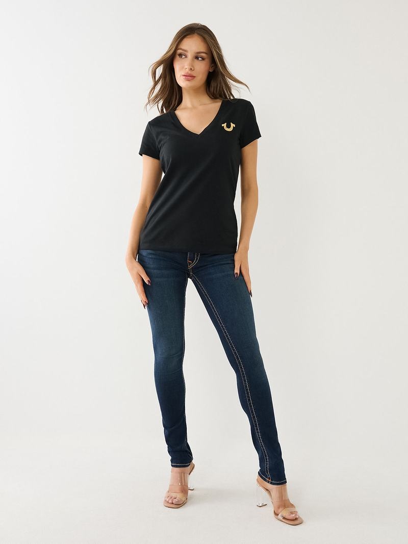 True Religion Metallic Buddha Logo V Neck T-Shirts Damen Schwarz | 85379AEZT