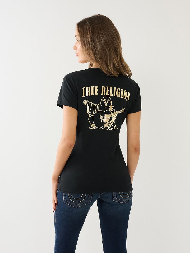 True Religion Metallic Buddha Logo V Neck T-Shirts Damen Schwarz | 85379AEZT