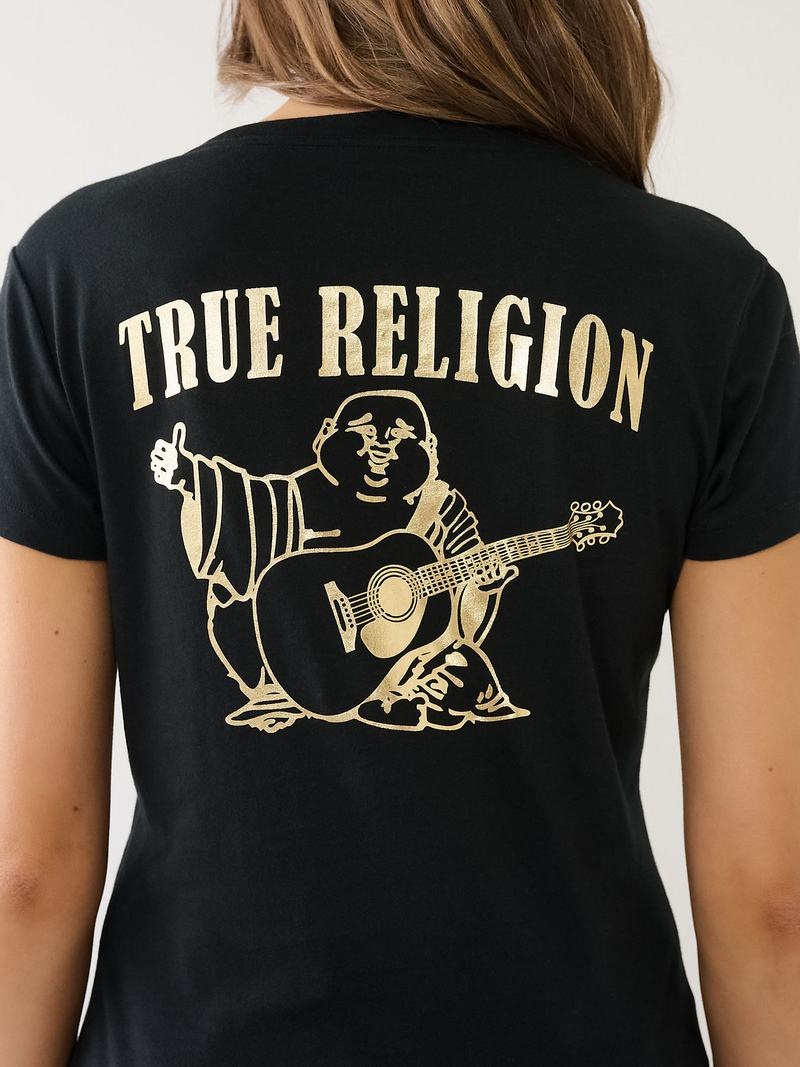 True Religion Metallic Buddha Logo V Neck T-Shirts Damen Schwarz | 85379AEZT