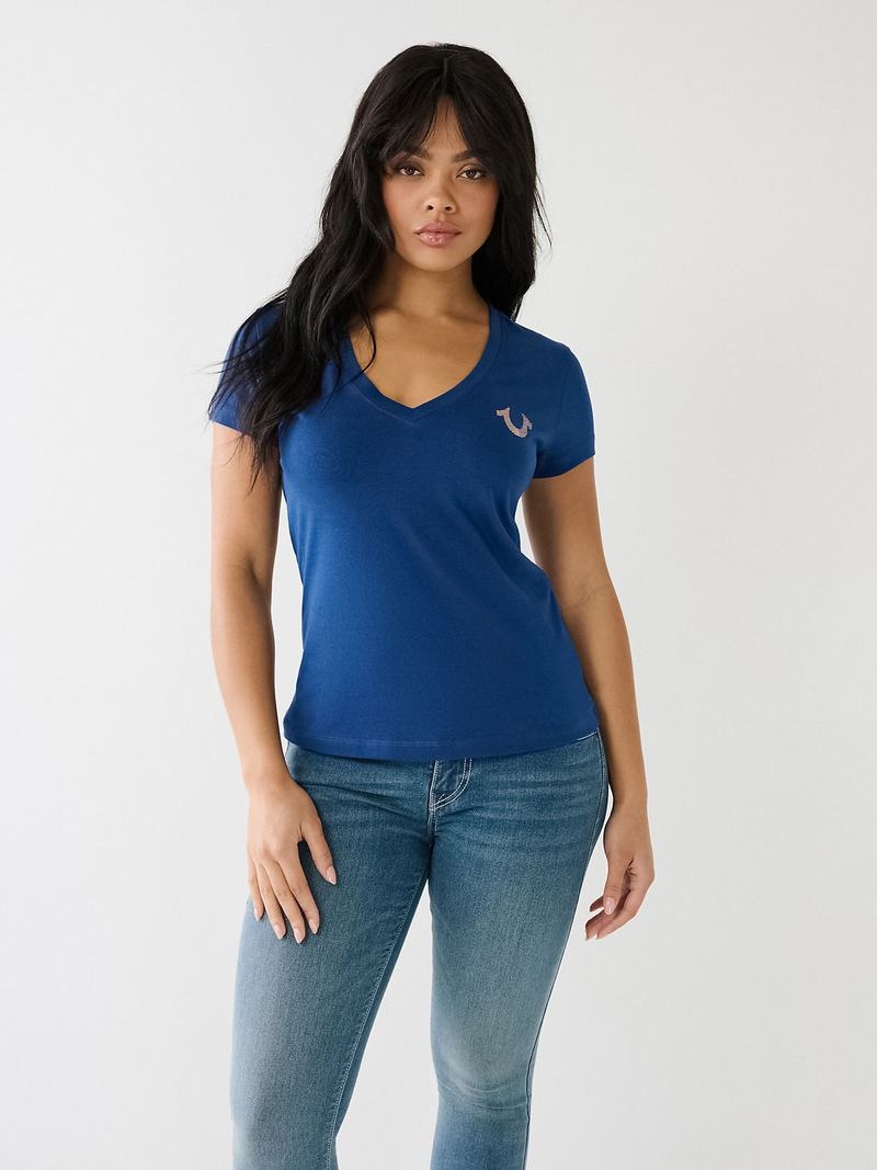 True Religion Metallic Gestreift Hs Logo T-Shirts Damen Blau | 47098TXOC