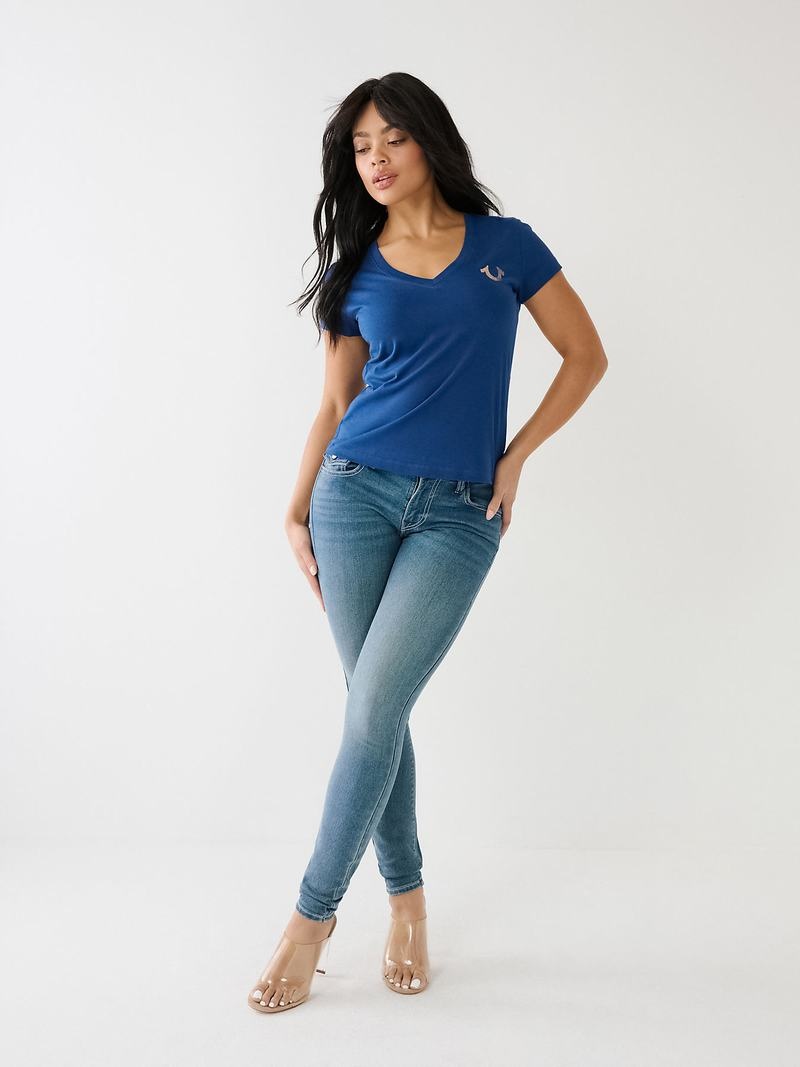 True Religion Metallic Gestreift Hs Logo T-Shirts Damen Blau | 47098TXOC