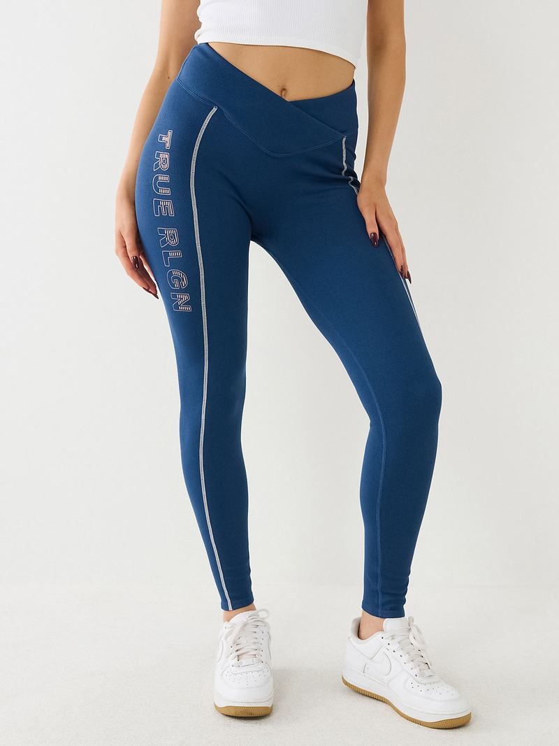 True Religion Metallic Tr Logo Rib Leggings Damen Blau | 43895SOVZ