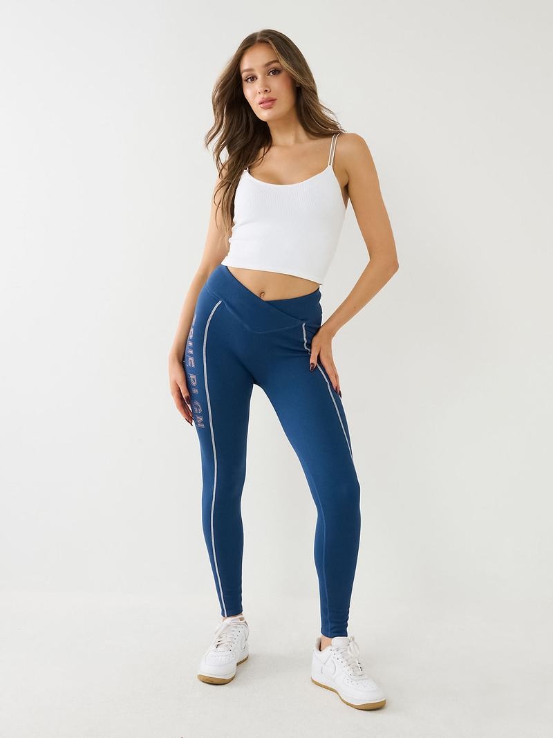 True Religion Metallic Tr Logo Rib Leggings Damen Blau | 43895SOVZ