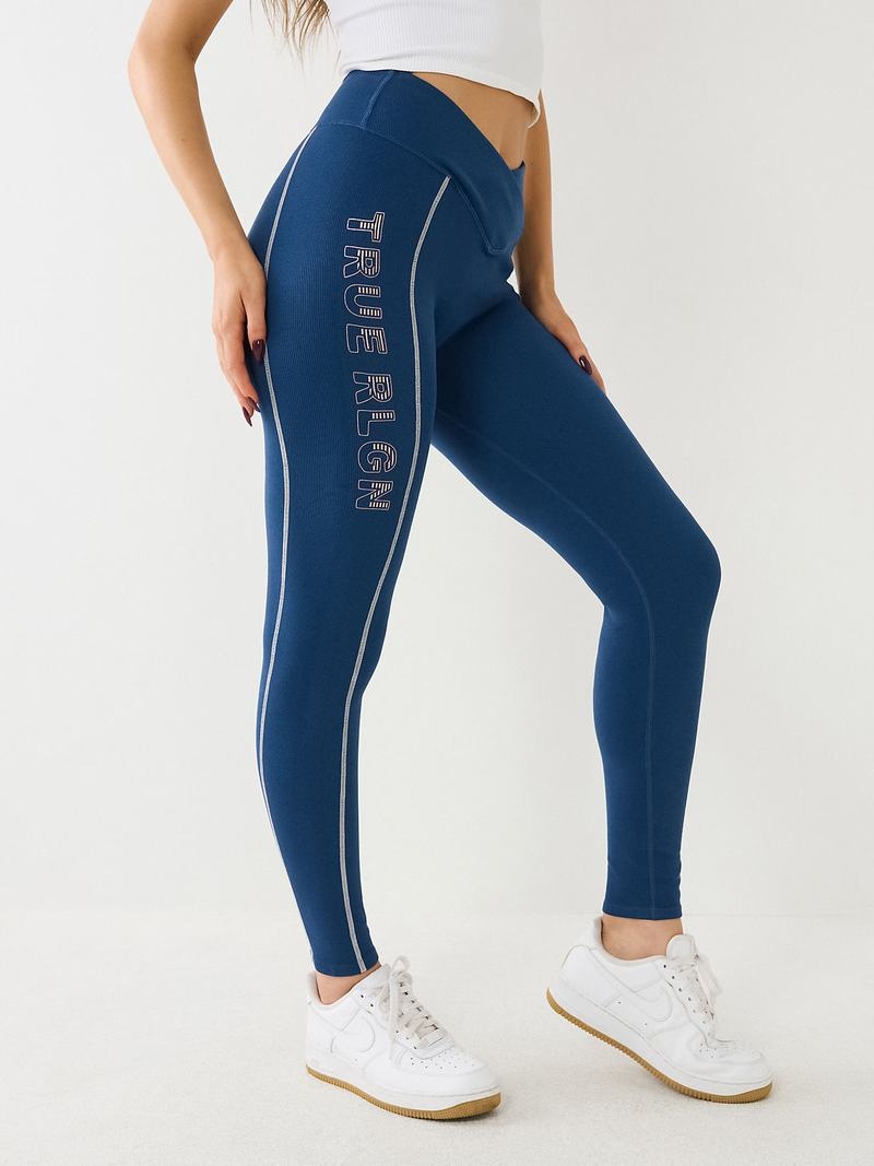 True Religion Metallic Tr Logo Rib Leggings Damen Blau | 43895SOVZ