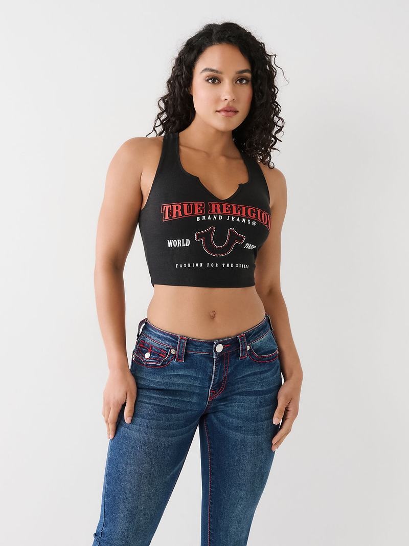 True Religion Notch Crop Logo Tanktop Damen Schwarz | 37081BLOS