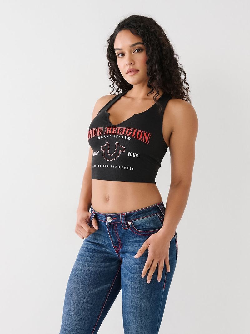 True Religion Notch Crop Logo Tanktop Damen Schwarz | 37081BLOS