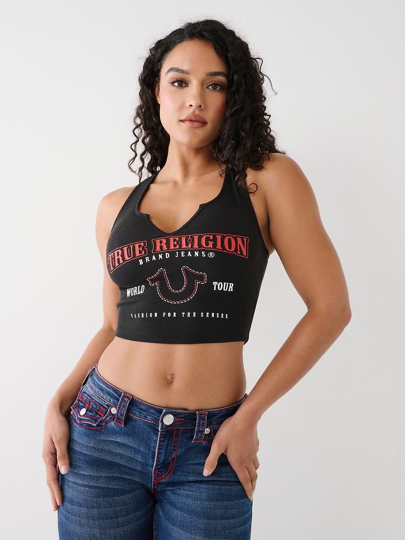 True Religion Notch Crop Logo Tanktop Damen Schwarz | 37081BLOS