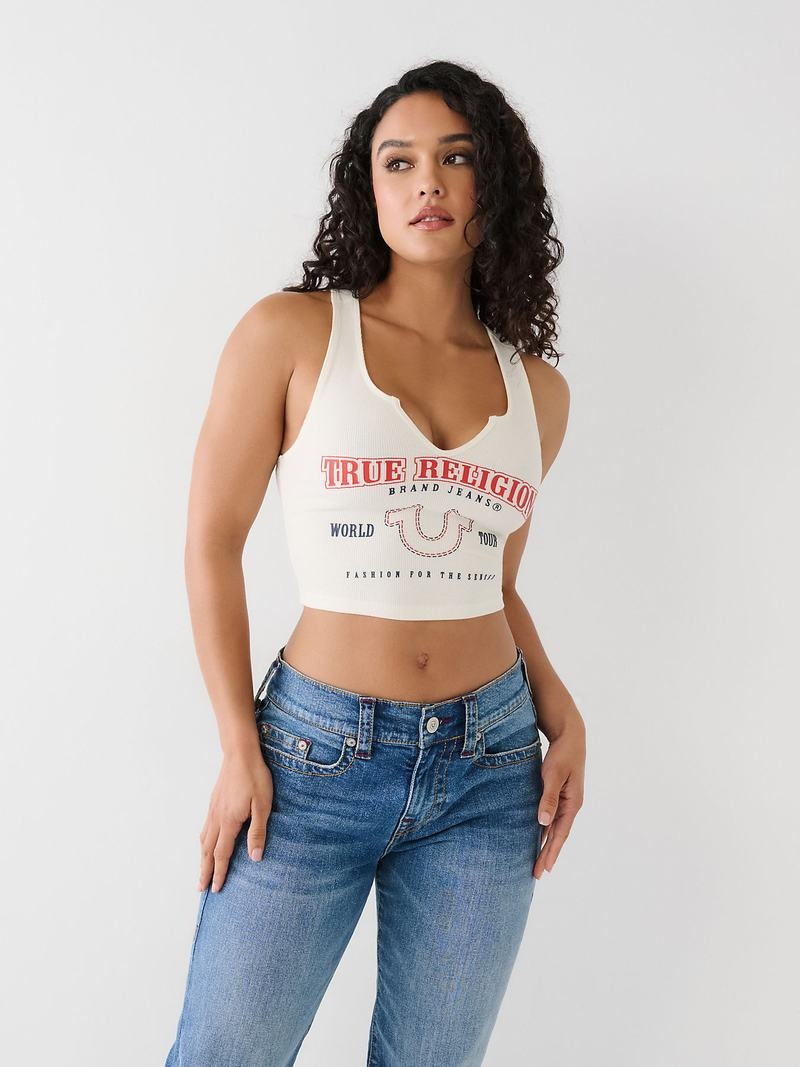 True Religion Notch Crop Logo Tanktop Damen Weiß | 26308LCZW