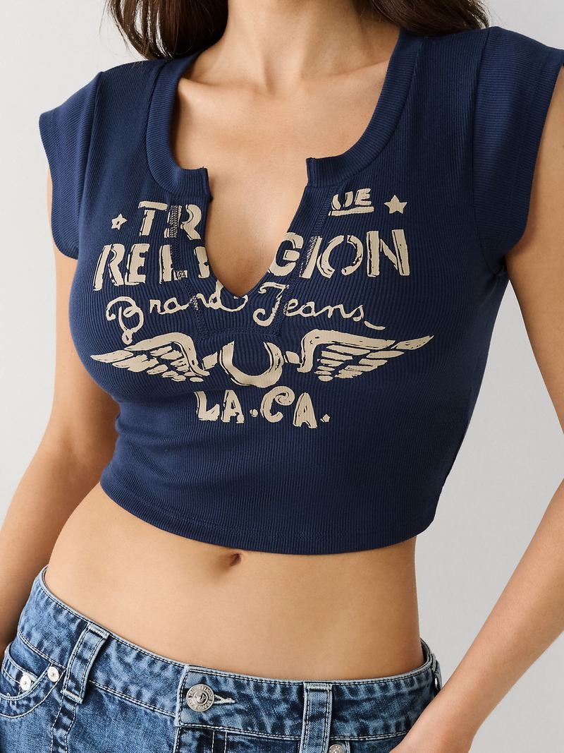 True Religion Notch Crop T-Shirts Damen Navy Blau | 13409UZDF