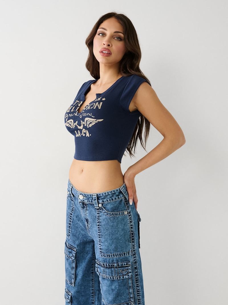 True Religion Notch Crop T-Shirts Damen Navy Blau | 13409UZDF