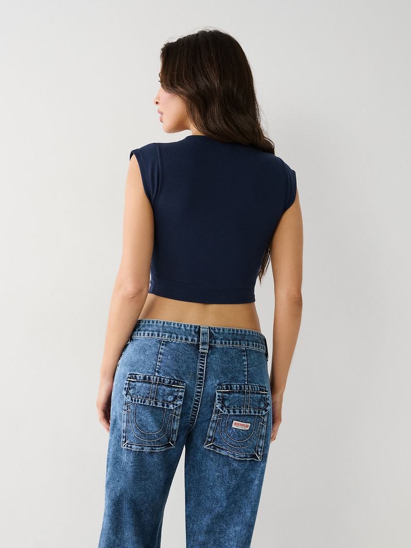 True Religion Notch Crop T-Shirts Damen Navy Blau | 13409UZDF