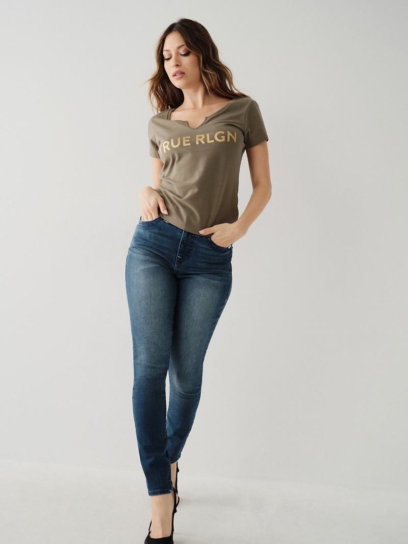 True Religion Notch Logo T-Shirts Damen Grün | 69340WUGP