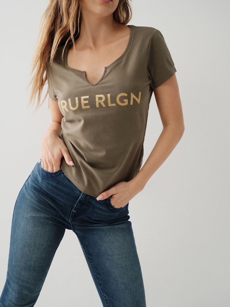 True Religion Notch Logo T-Shirts Damen Grün | 69340WUGP