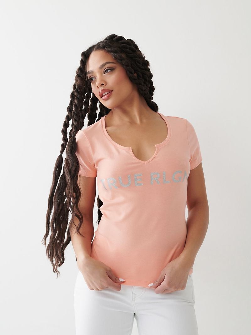 True Religion Notch Logo T-Shirts Damen Rosa | 32870OZBW