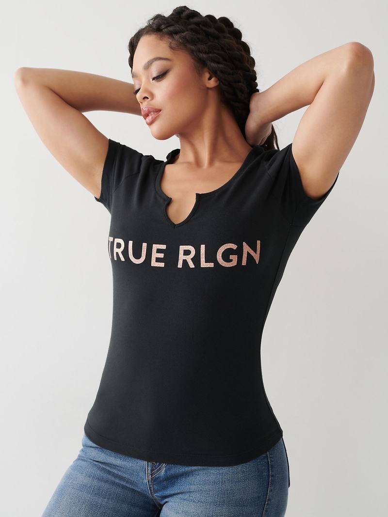 True Religion Notch Logo T-Shirts Damen Schwarz | 52491TLDJ