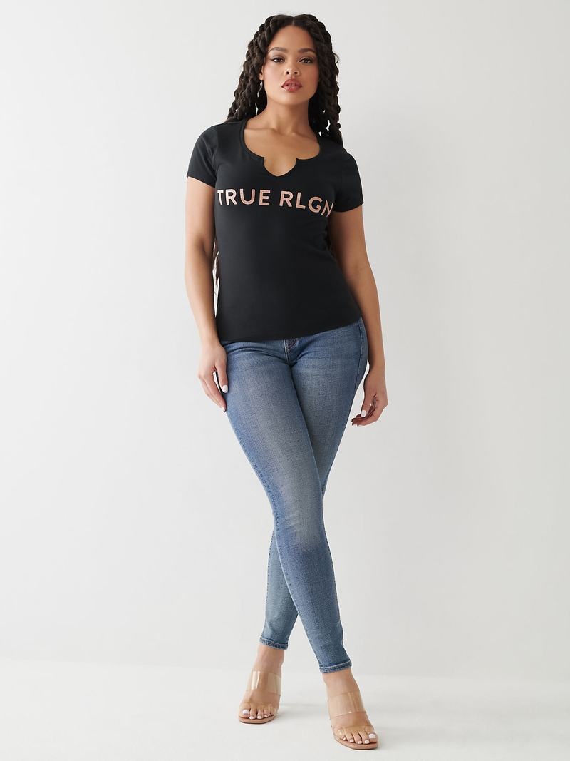 True Religion Notch Logo T-Shirts Damen Schwarz | 52491TLDJ