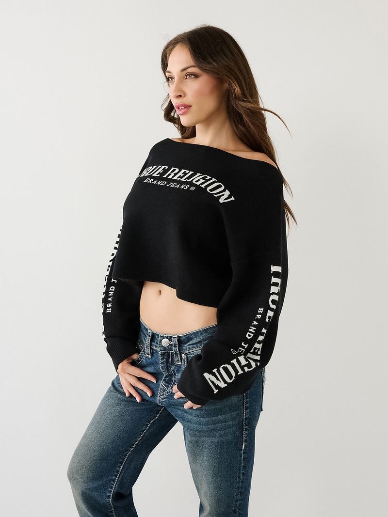 True Religion Off The Shoulder Logo Pullover Damen Schwarz | 19024QUHZ