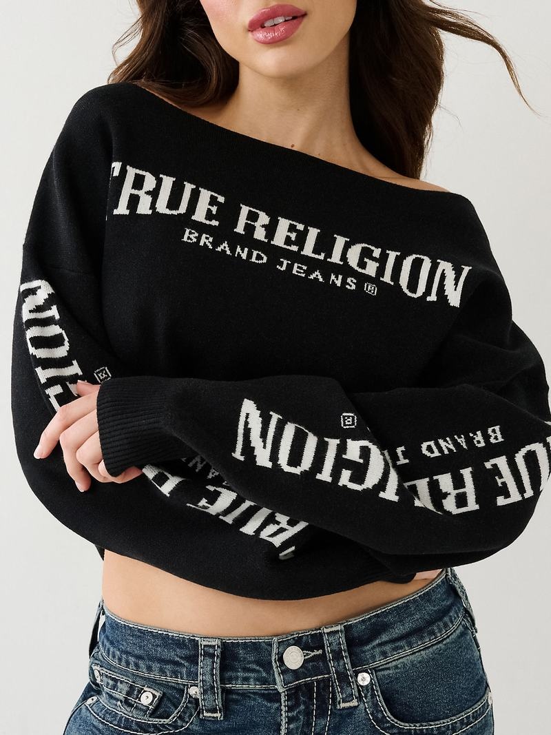 True Religion Off The Shoulder Logo Pullover Damen Schwarz | 19024QUHZ