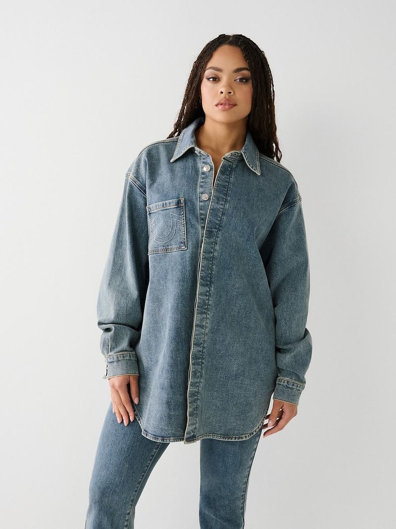 True Religion Oversized Denim Hemd Damen Waschen | 07569HJXP