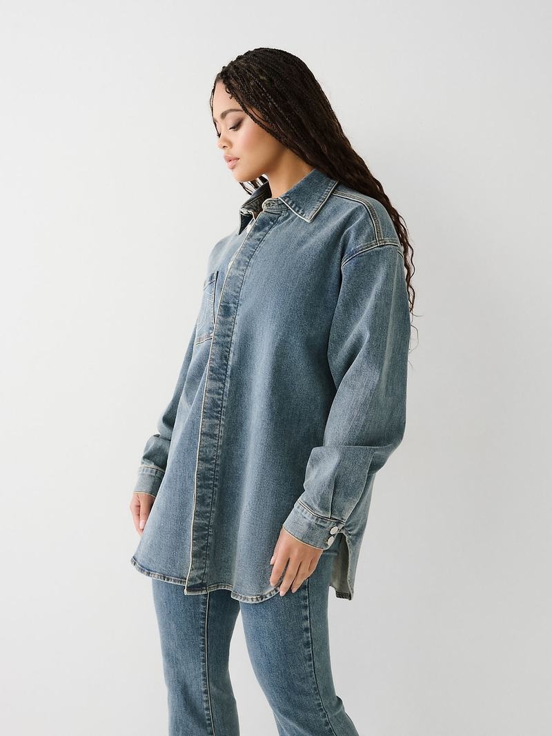 True Religion Oversized Denim Hemd Damen Waschen | 07569HJXP