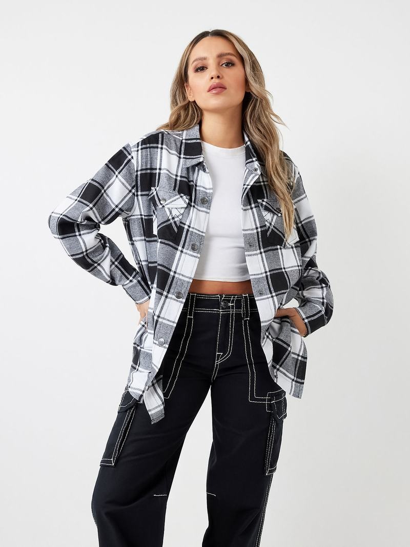 True Religion Plaid Horseshoe Single Needle Hemd Damen Schwarz | 34128FJTD