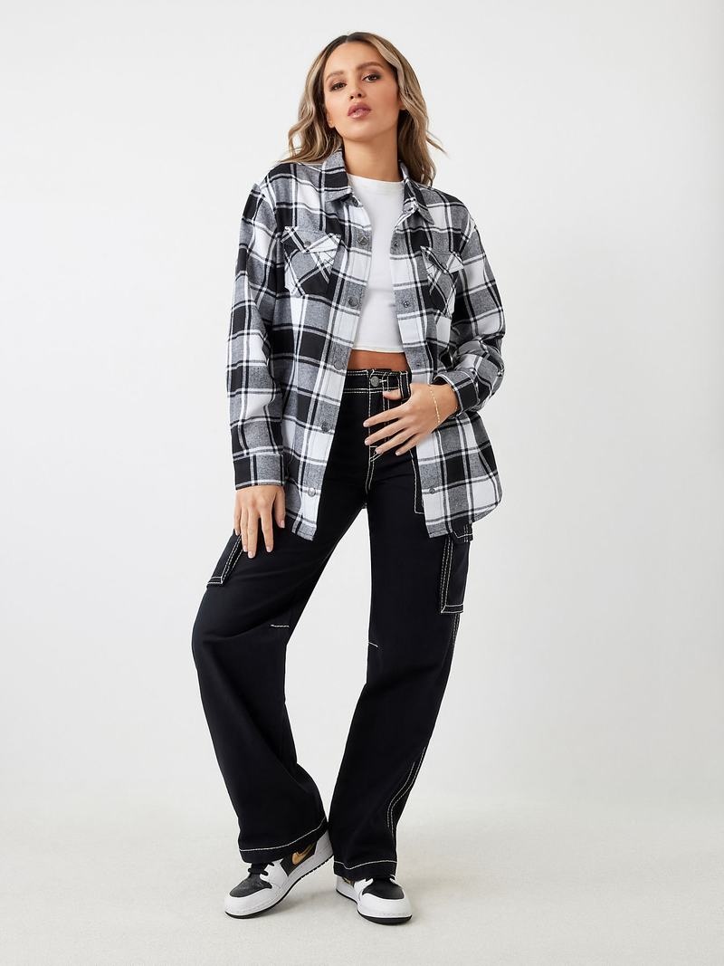 True Religion Plaid Horseshoe Single Needle Hemd Damen Schwarz | 34128FJTD