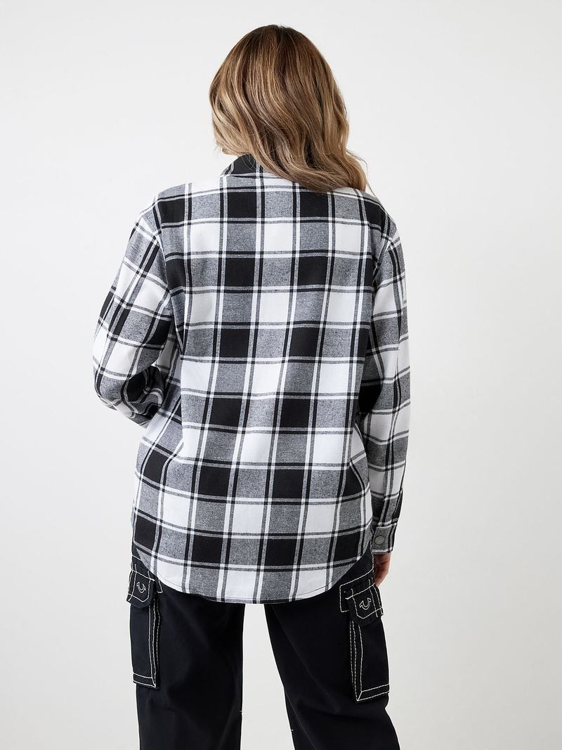 True Religion Plaid Horseshoe Single Needle Hemd Damen Schwarz | 34128FJTD