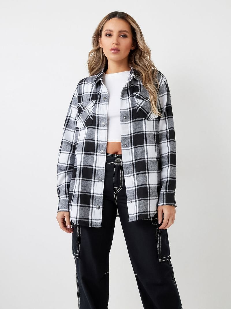 True Religion Plaid Horseshoe Single Needle Hemd Damen Schwarz | 34128FJTD