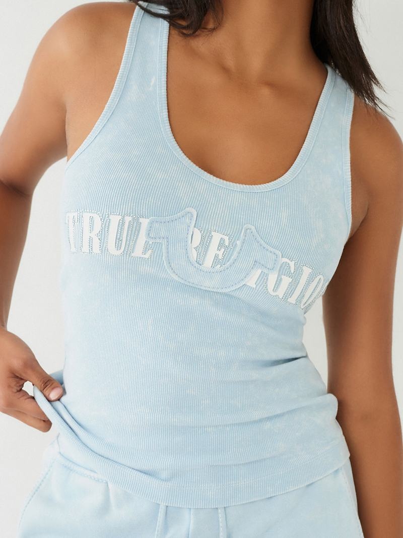 True Religion Premium Washed Crystal Logo Tanktop Damen Hellblau | 41802RZON