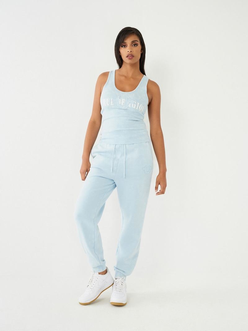 True Religion Premium Washed Crystal Logo Tanktop Damen Hellblau | 41802RZON