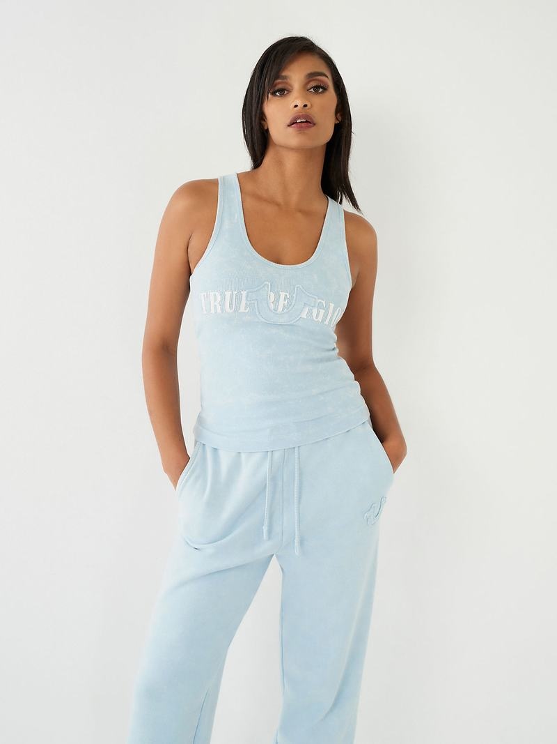 True Religion Premium Washed Crystal Logo Tanktop Damen Hellblau | 41802RZON