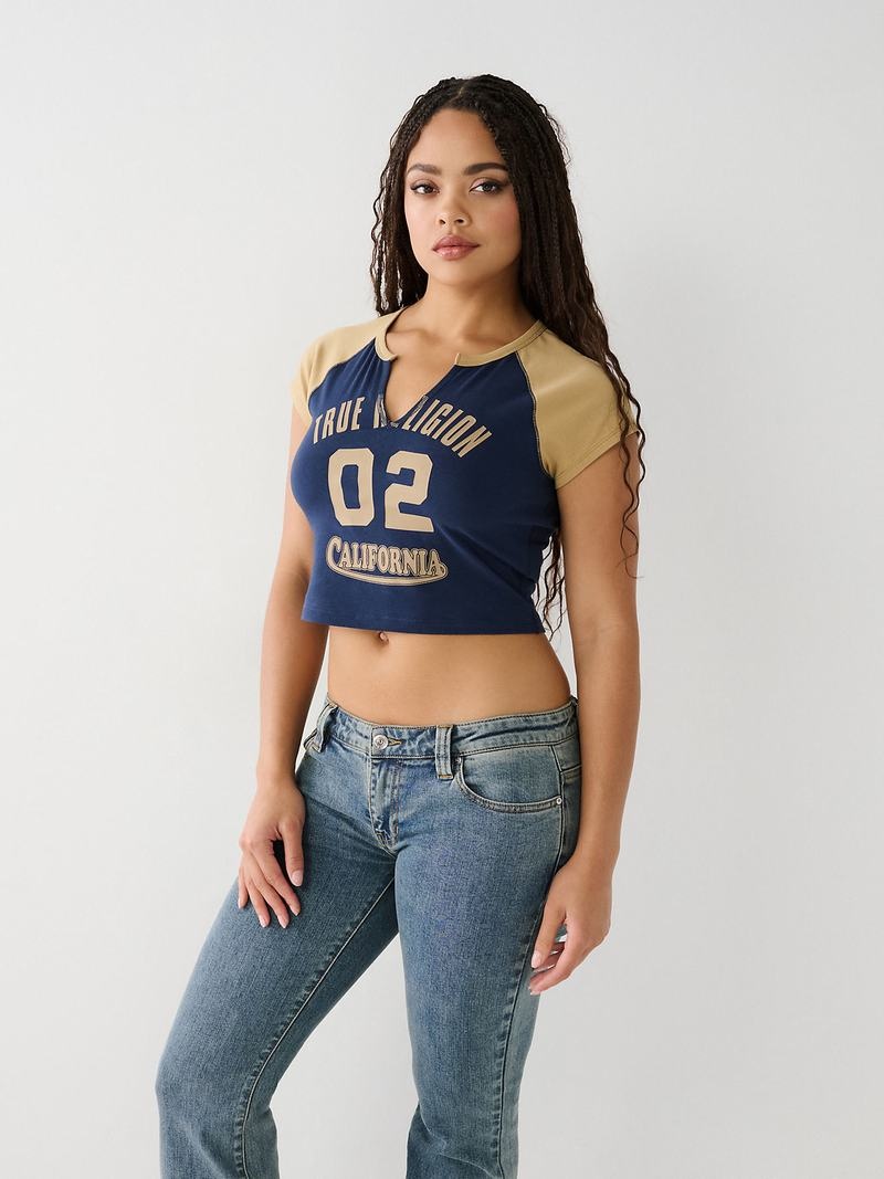 True Religion Raglan Baby T-Shirts Damen Blau Khaki | 82765LBTZ